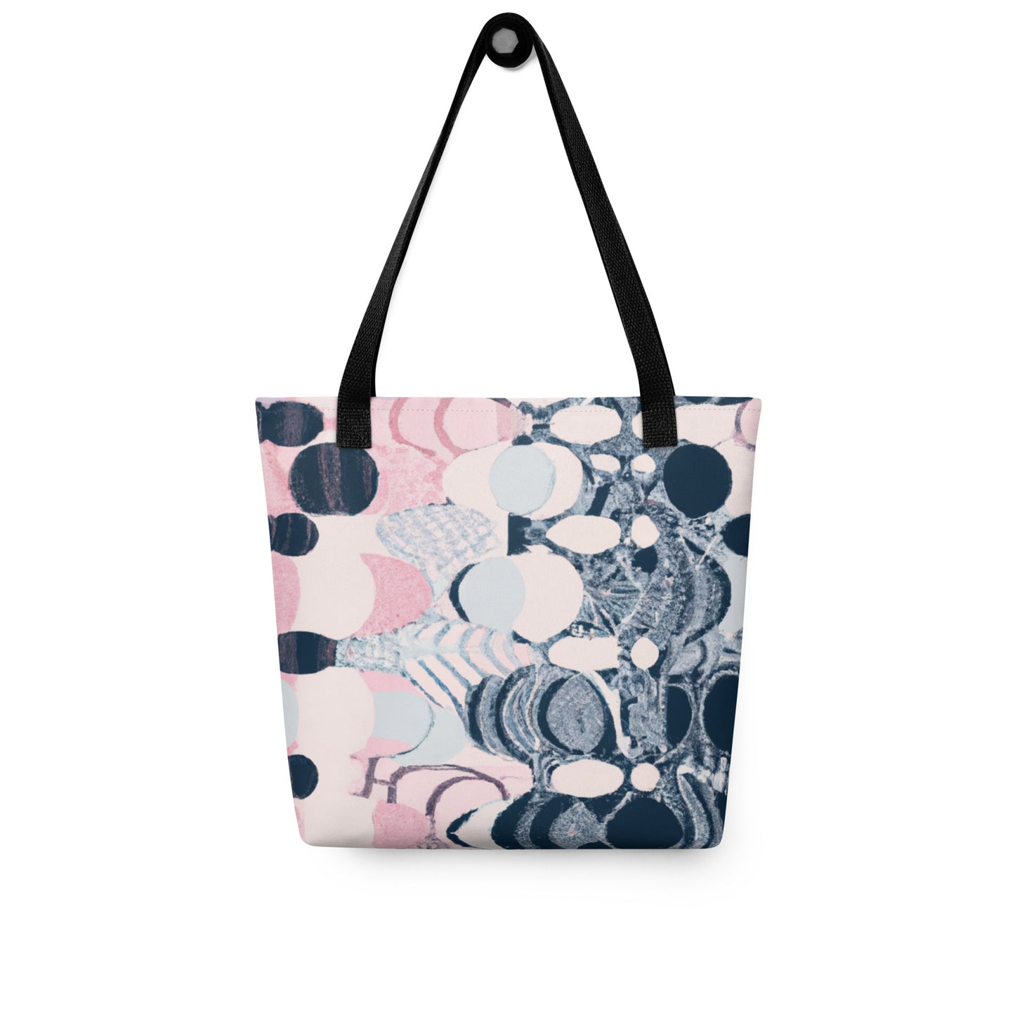 Pink Tote Bag - A pink and blue KIND tote bag featuring abstract circles; eco-friendly shoulder bag for everyday use.