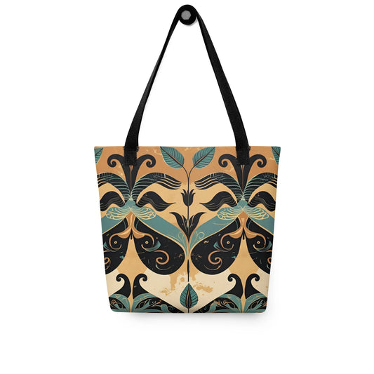 Minara Tote Bag - Crete-inspired Minara tote bag with Mediterranean-style symmetrical pattern in teal, gold, and black, photographed against a rustic stone wall.