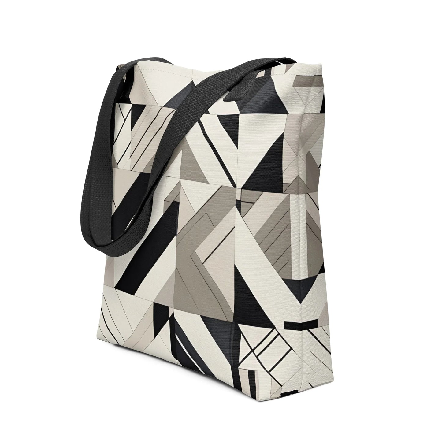 Deco Tote Bag - A black and white KIND tote bag featuring geometric patterns in a stylish, Art Deco-inspired design; eco-friendly shoulder bag for everyday use.
