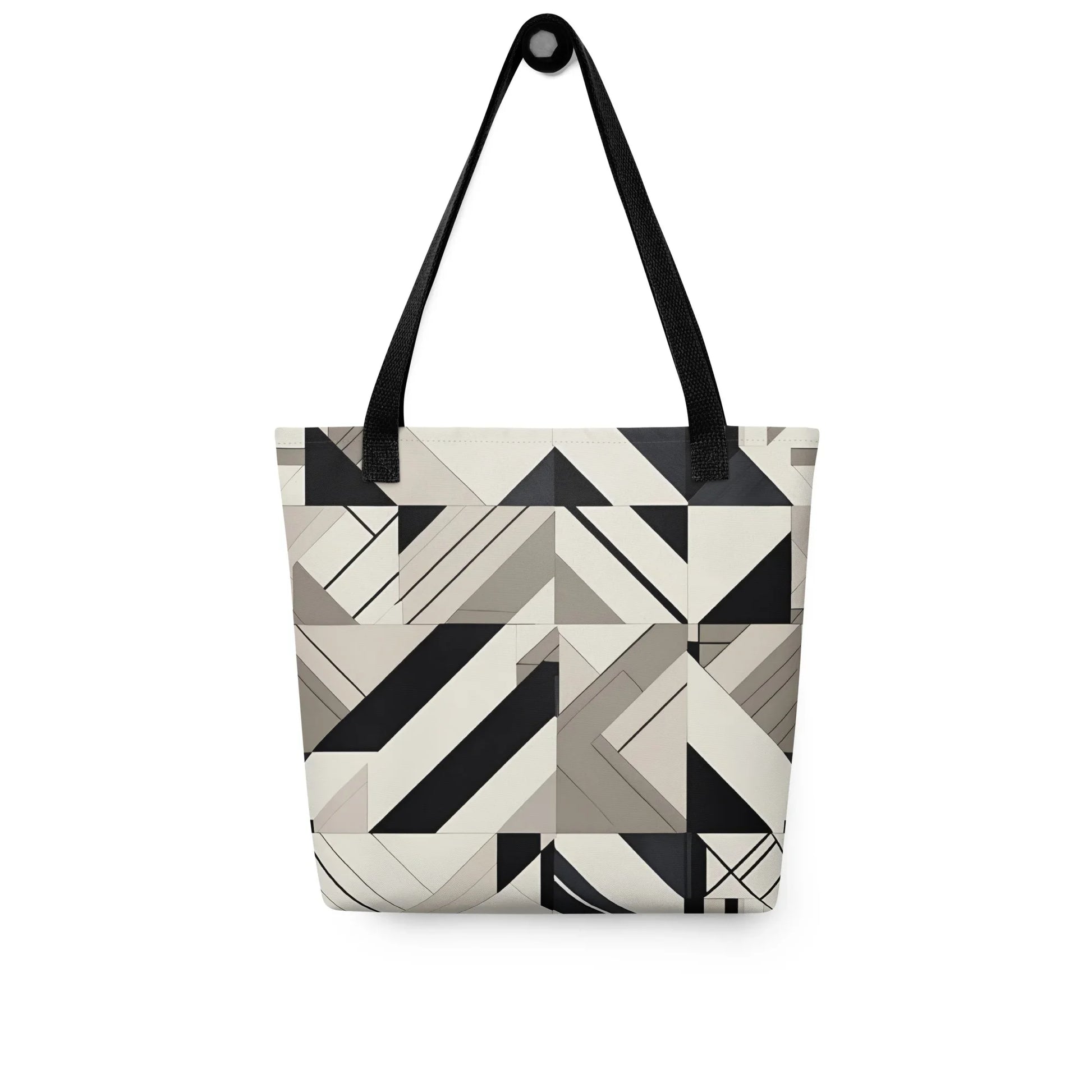 Deco Tote Bag - A black and white KIND tote bag featuring geometric patterns in a stylish, Art Deco-inspired design; eco-friendly shoulder bag for everyday use.

