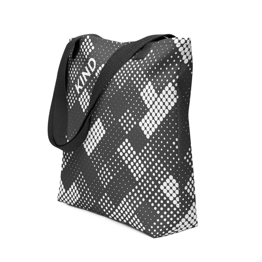 Matrix Tite Bag - Black square tote bag with white geometric dot pattern and sturdy black straps. Modern reusable tote, durable and eco‑friendly.