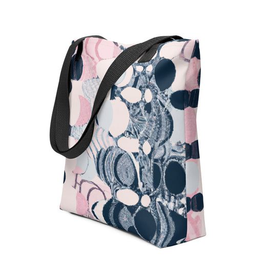 Pink Tote Bag - A pink and blue KIND tote bag featuring abstract circles; eco-friendly shoulder bag for everyday use.
