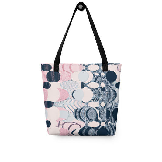 Pink Tote Bag - A pink and blue KIND tote bag featuring abstract circles; eco-friendly shoulder bag for everyday use.